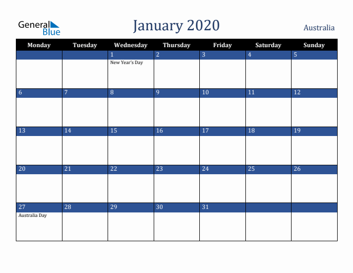 January 2020 Australia Calendar (Monday Start)