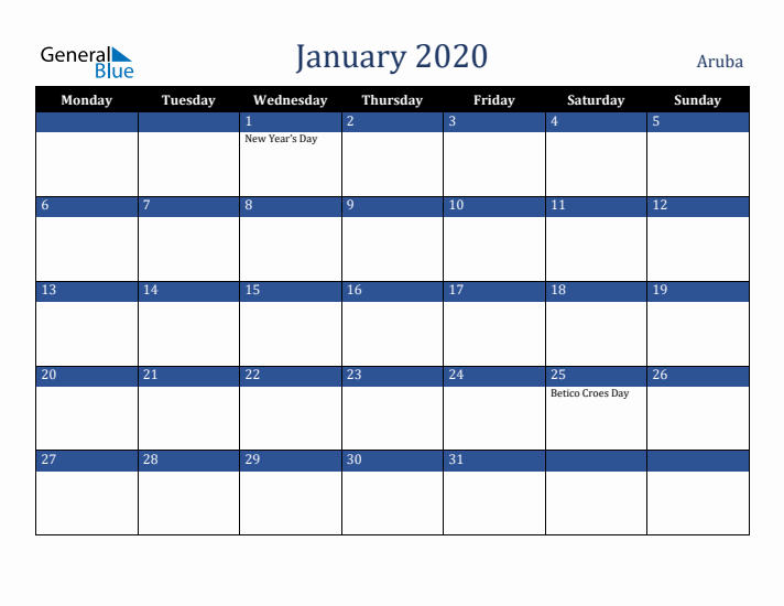 January 2020 Aruba Calendar (Monday Start)