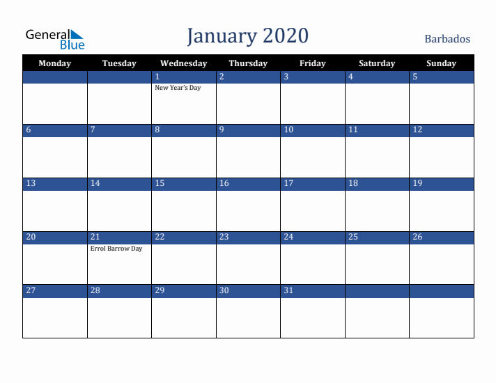 January 2020 Barbados Calendar (Monday Start)