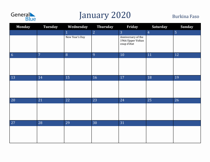 January 2020 Burkina Faso Calendar (Monday Start)