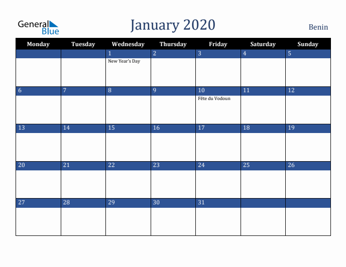 January 2020 Benin Calendar (Monday Start)