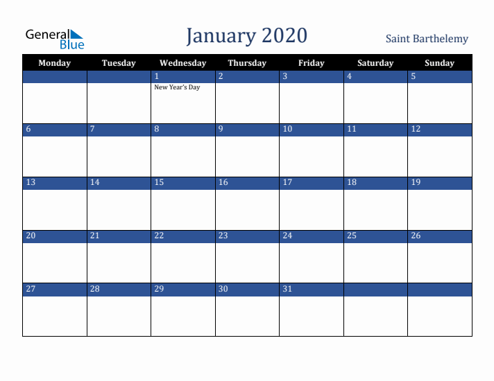 January 2020 Saint Barthelemy Calendar (Monday Start)