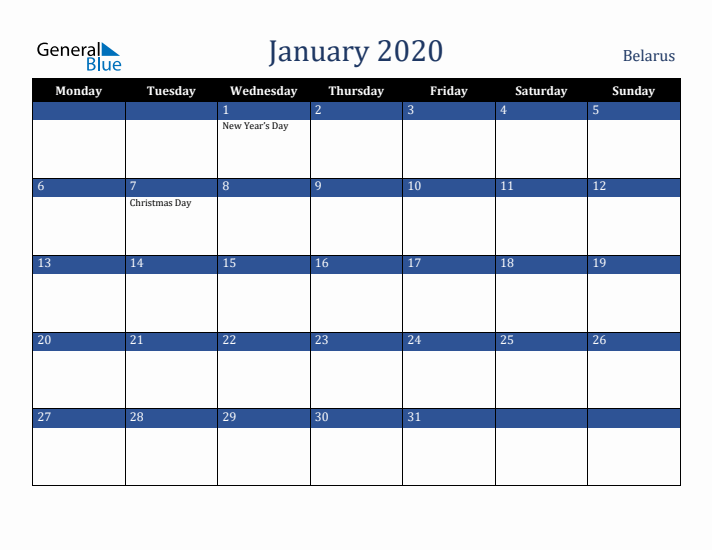 January 2020 Belarus Calendar (Monday Start)