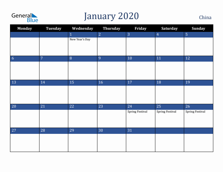 January 2020 China Calendar (Monday Start)