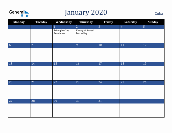 January 2020 Cuba Calendar (Monday Start)