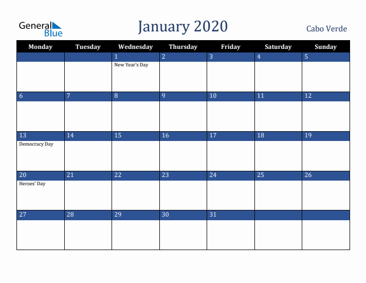 January 2020 Cabo Verde Calendar (Monday Start)