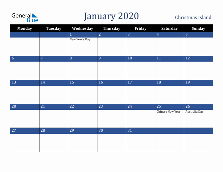 January 2020 Christmas Island Calendar (Monday Start)