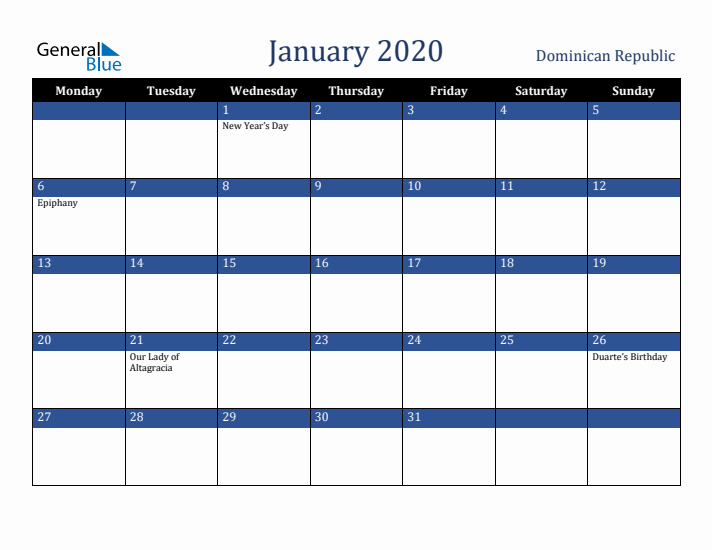 January 2020 Dominican Republic Calendar (Monday Start)