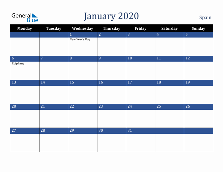 January 2020 Spain Calendar (Monday Start)
