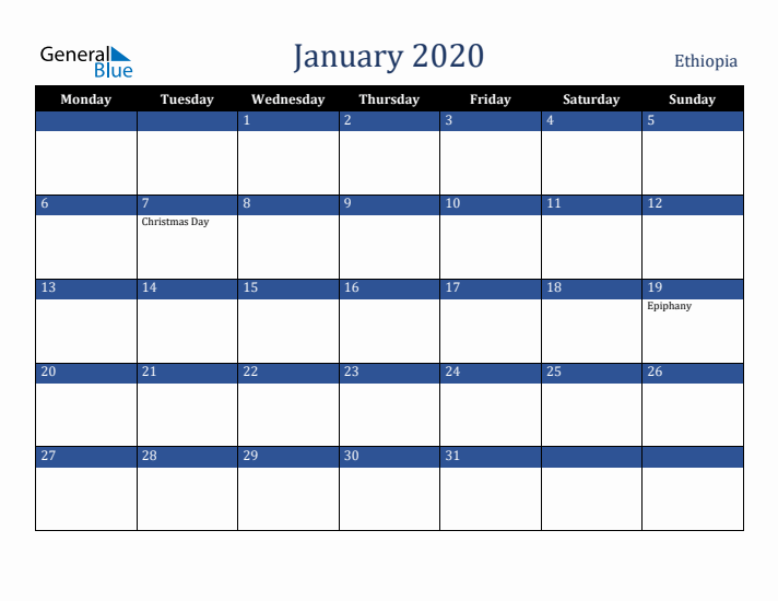January 2020 Ethiopia Calendar (Monday Start)
