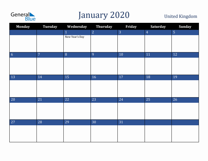January 2020 United Kingdom Calendar (Monday Start)