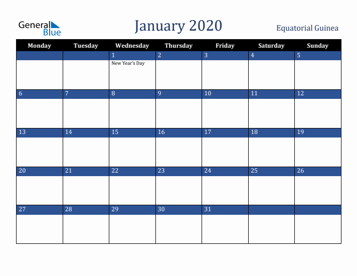 January 2020 Equatorial Guinea Calendar (Monday Start)