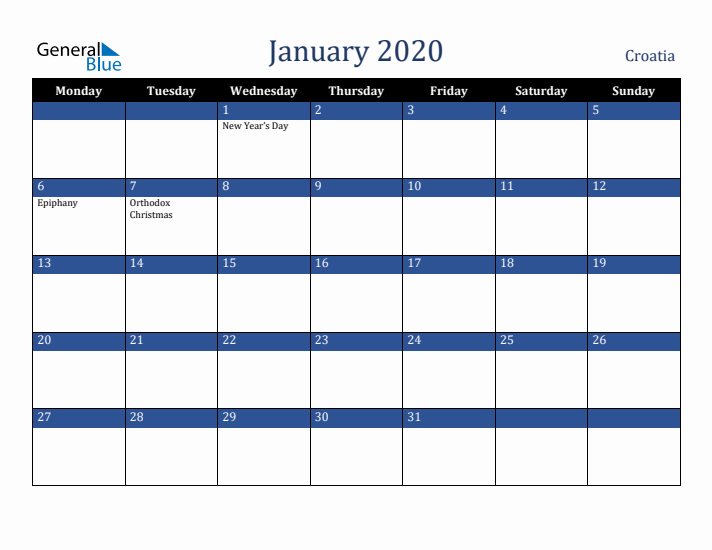 January 2020 Croatia Calendar (Monday Start)