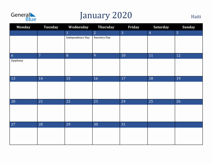 January 2020 Haiti Calendar (Monday Start)