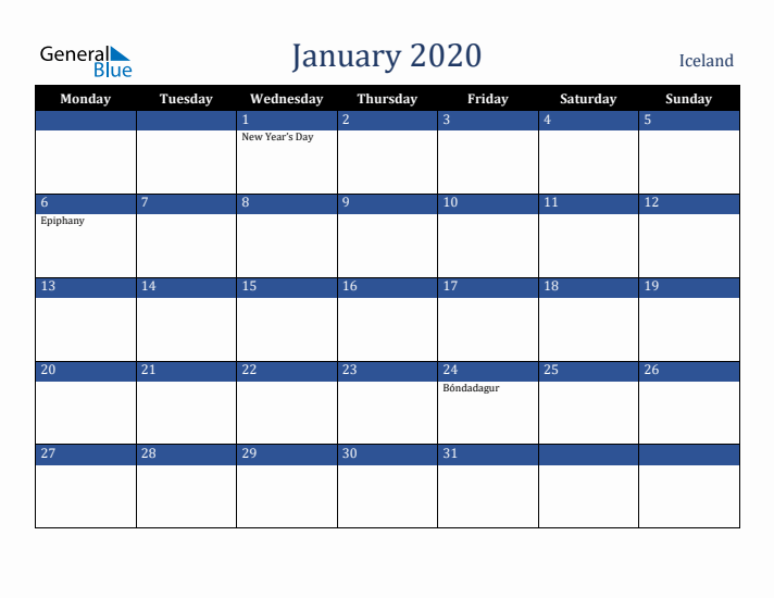 January 2020 Iceland Calendar (Monday Start)