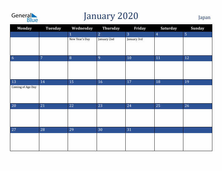 January 2020 Japan Calendar (Monday Start)