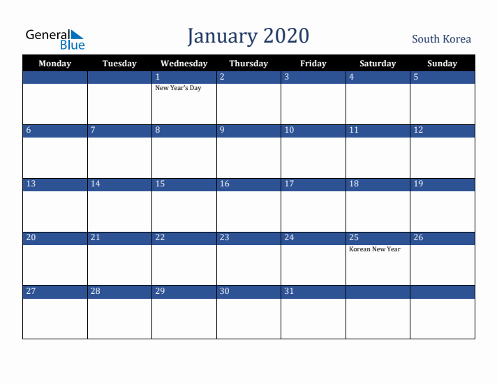 January 2020 South Korea Calendar (Monday Start)