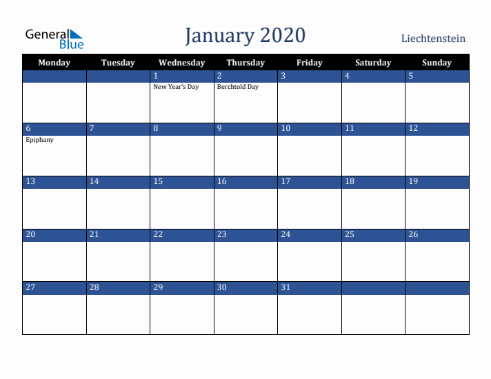 January 2020 Liechtenstein Calendar (Monday Start)