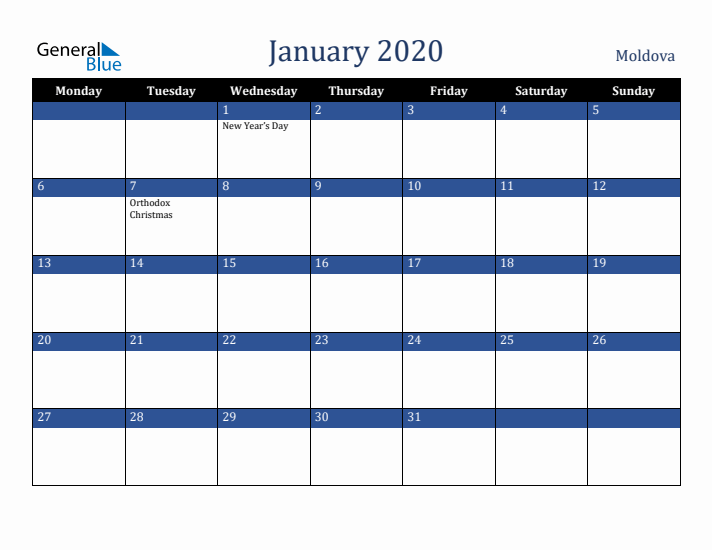 January 2020 Moldova Calendar (Monday Start)