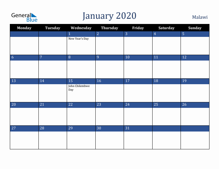 January 2020 Malawi Calendar (Monday Start)