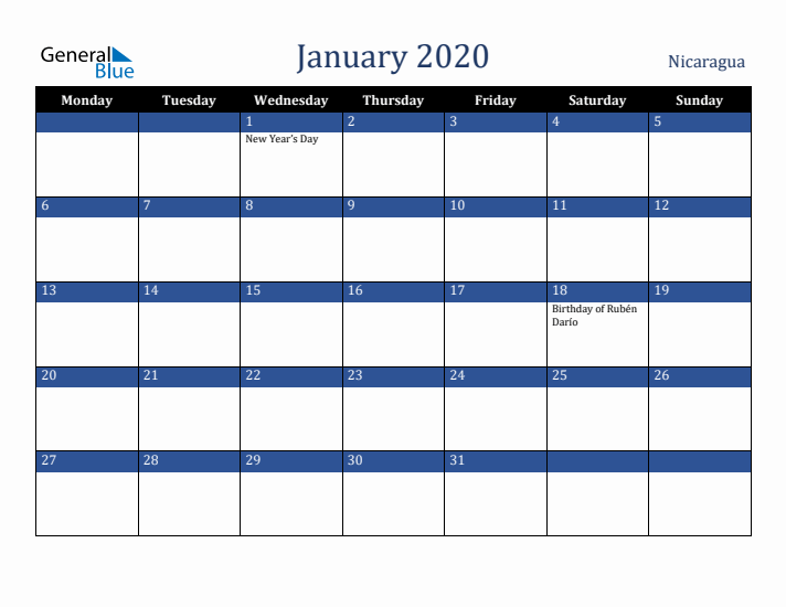 January 2020 Nicaragua Calendar (Monday Start)