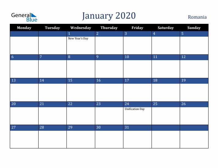 January 2020 Romania Calendar (Monday Start)