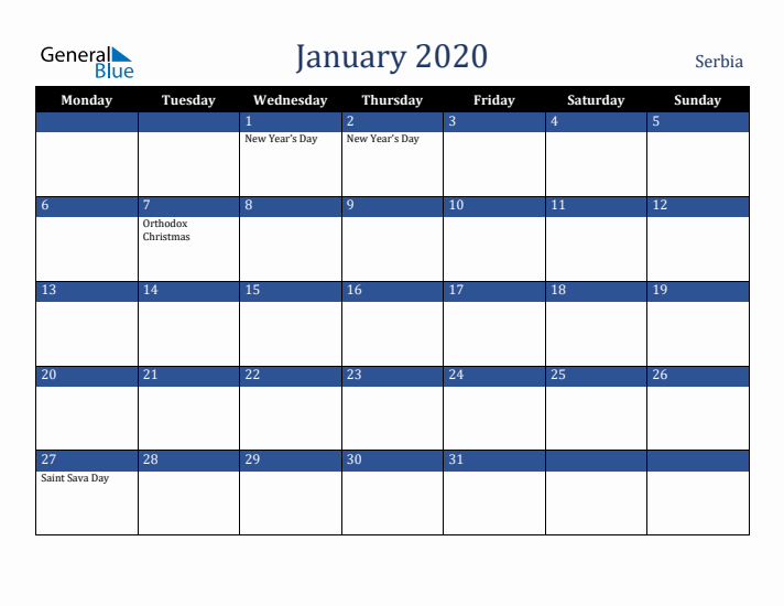 January 2020 Serbia Calendar (Monday Start)