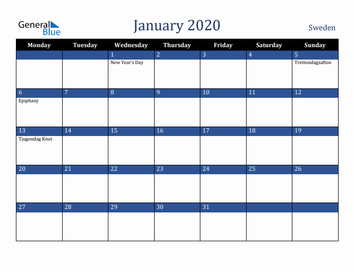 January 2020 Sweden Calendar (Monday Start)