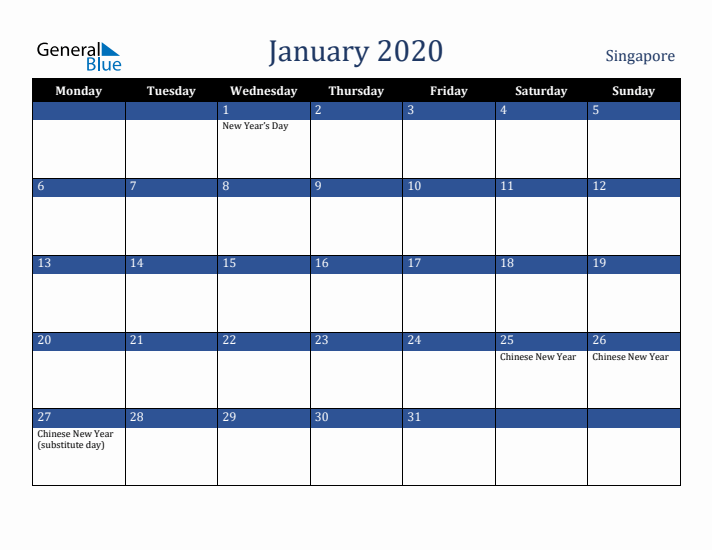 January 2020 Singapore Calendar (Monday Start)