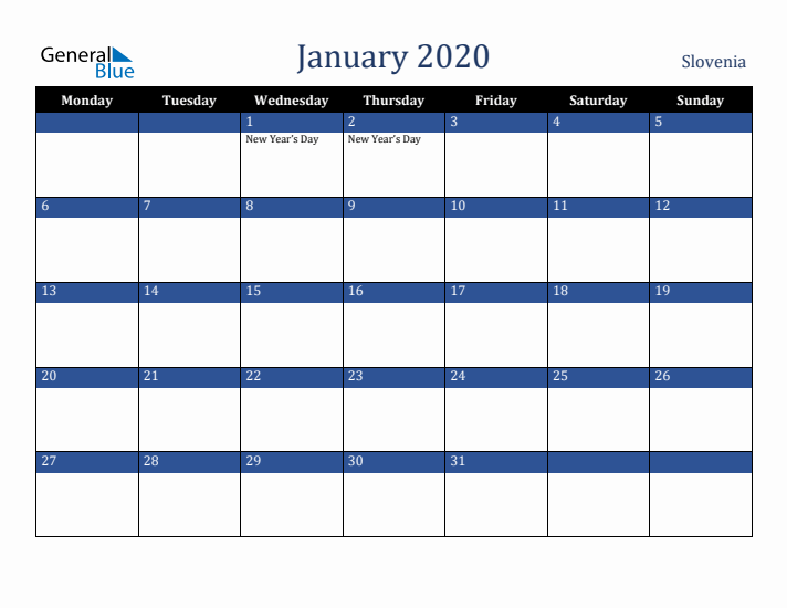 January 2020 Slovenia Calendar (Monday Start)