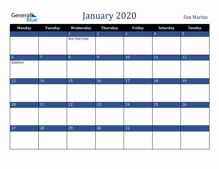 January 2020 San Marino Calendar (Monday Start)