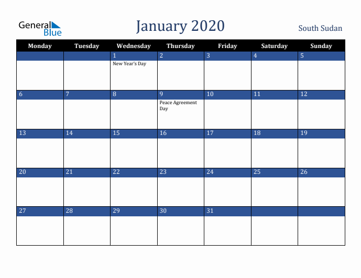January 2020 South Sudan Calendar (Monday Start)