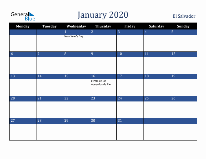 January 2020 El Salvador Calendar (Monday Start)