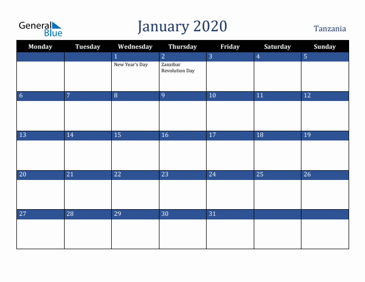January 2020 Tanzania Calendar (Monday Start)