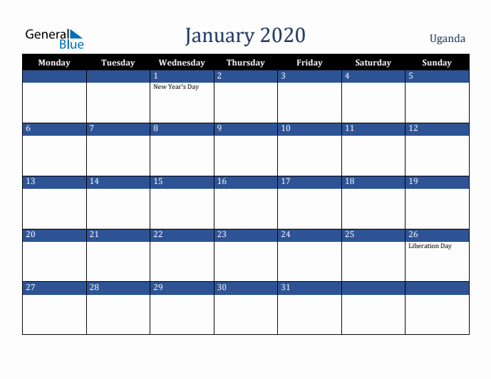January 2020 Uganda Calendar (Monday Start)