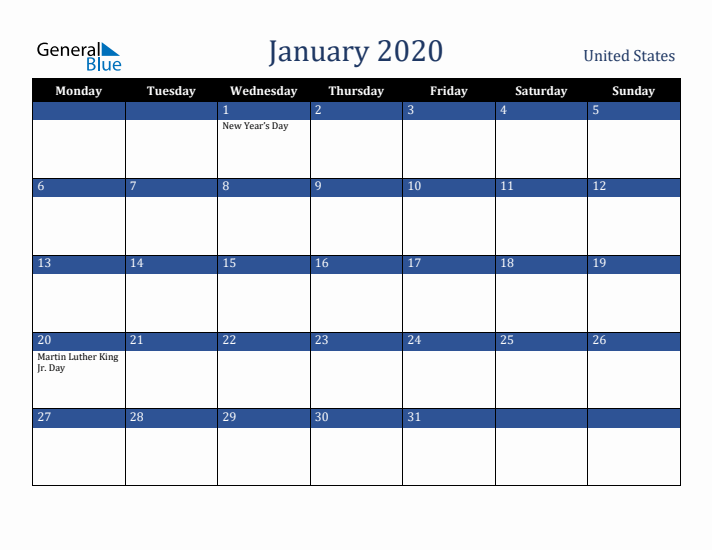 January 2020 United States Calendar (Monday Start)