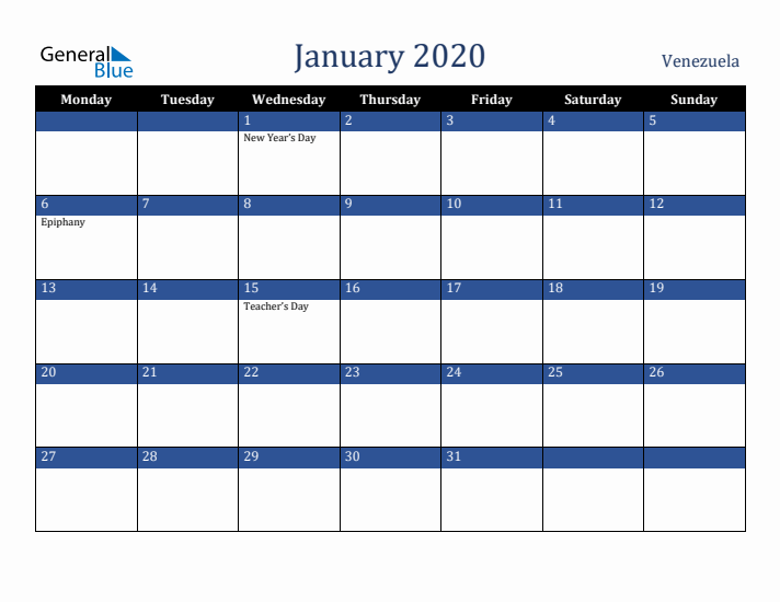 January 2020 Venezuela Calendar (Monday Start)