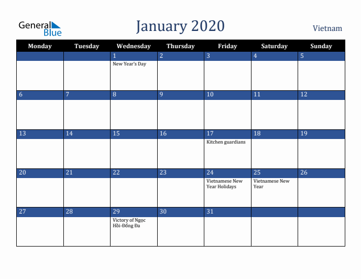 January 2020 Vietnam Calendar (Monday Start)