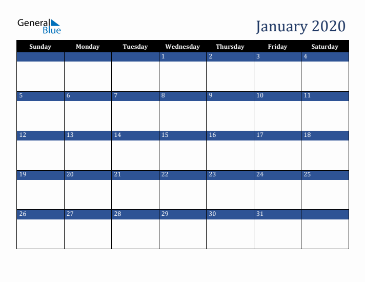 Sunday Start Calendar for January 2020