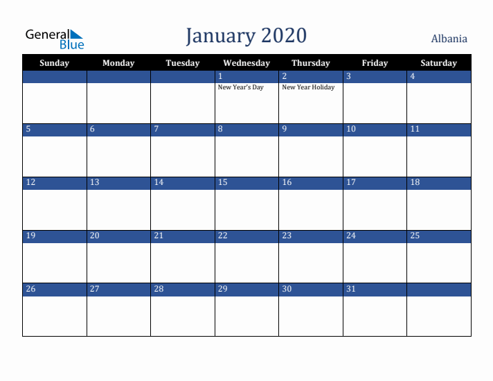 January 2020 Albania Calendar (Sunday Start)