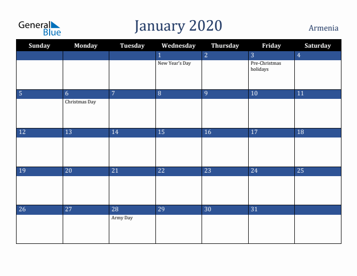 January 2020 Armenia Calendar (Sunday Start)