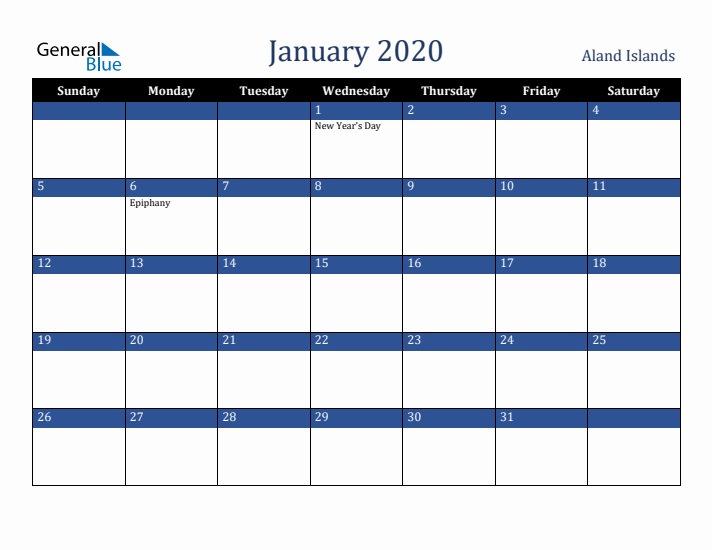 January 2020 Aland Islands Calendar (Sunday Start)