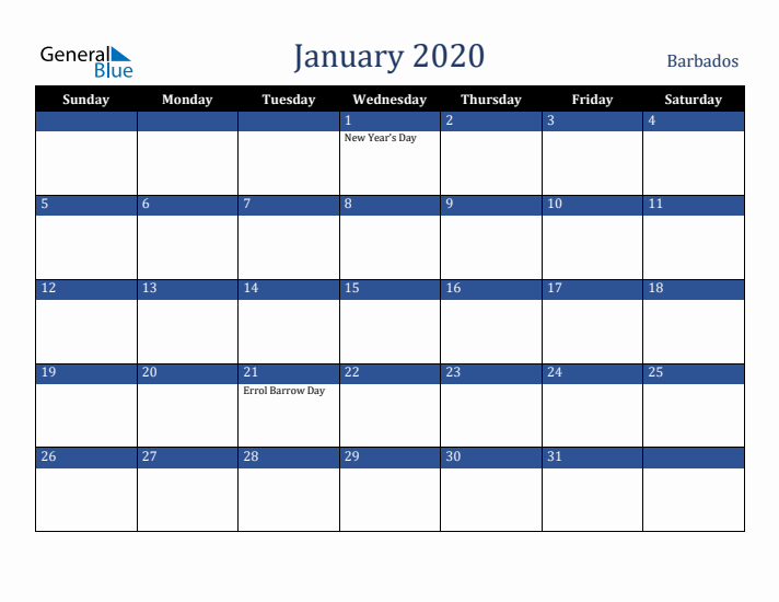 January 2020 Barbados Calendar (Sunday Start)