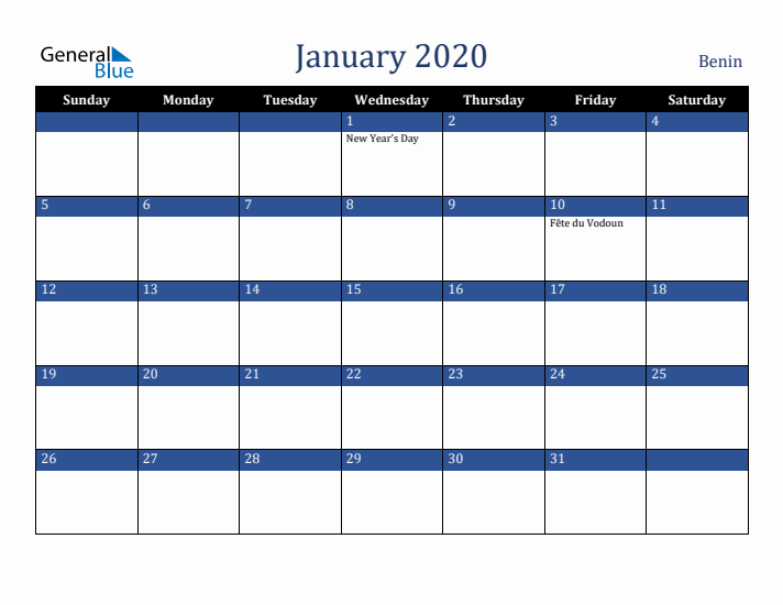 January 2020 Benin Calendar (Sunday Start)