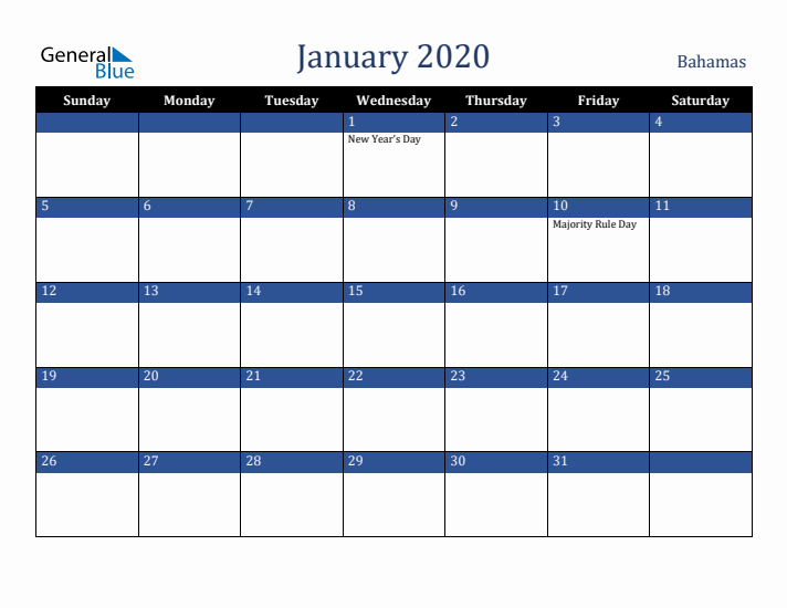 January 2020 Bahamas Calendar (Sunday Start)