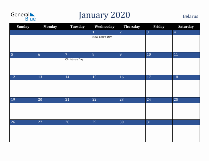 January 2020 Belarus Calendar (Sunday Start)