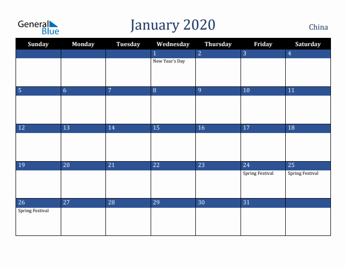 January 2020 China Calendar (Sunday Start)