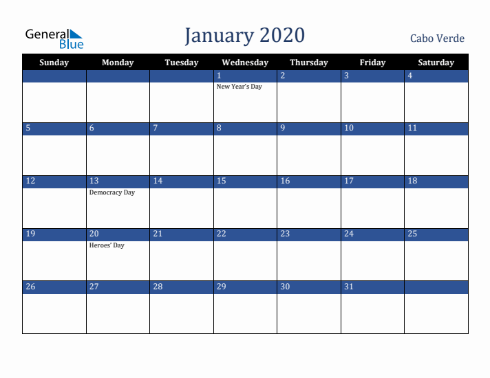 January 2020 Cabo Verde Calendar (Sunday Start)