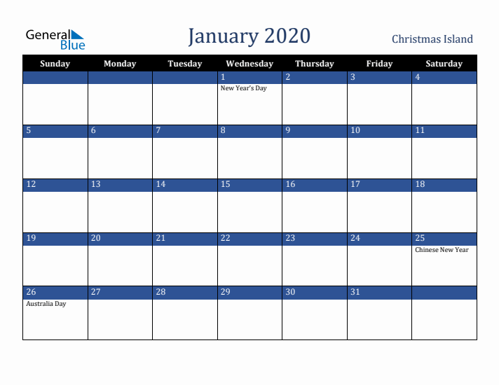 January 2020 Christmas Island Calendar (Sunday Start)