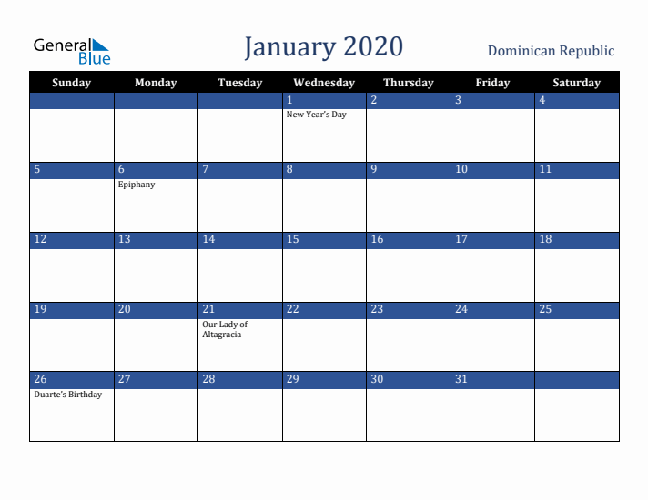January 2020 Dominican Republic Calendar (Sunday Start)